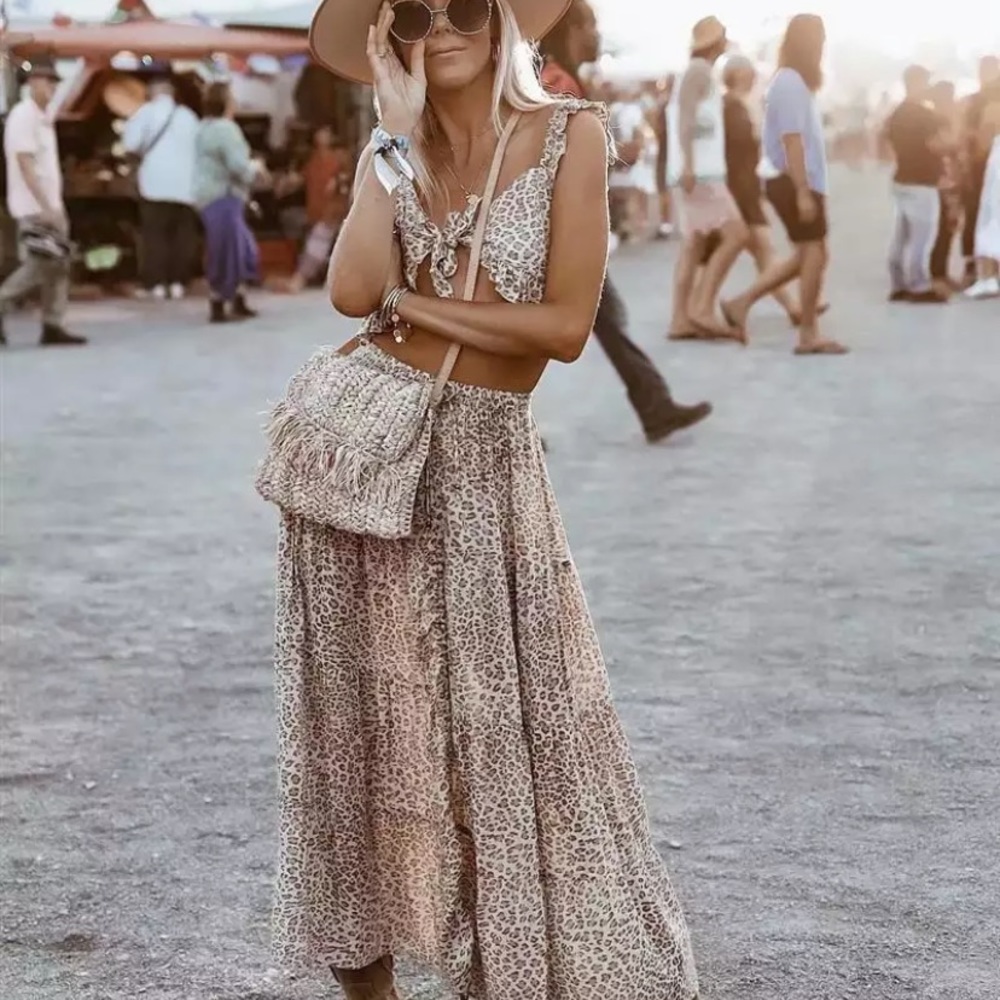 SOLD OUT Boho Festival Leopard Ruched Maxi Casual Skirt - Picture 5 of 9